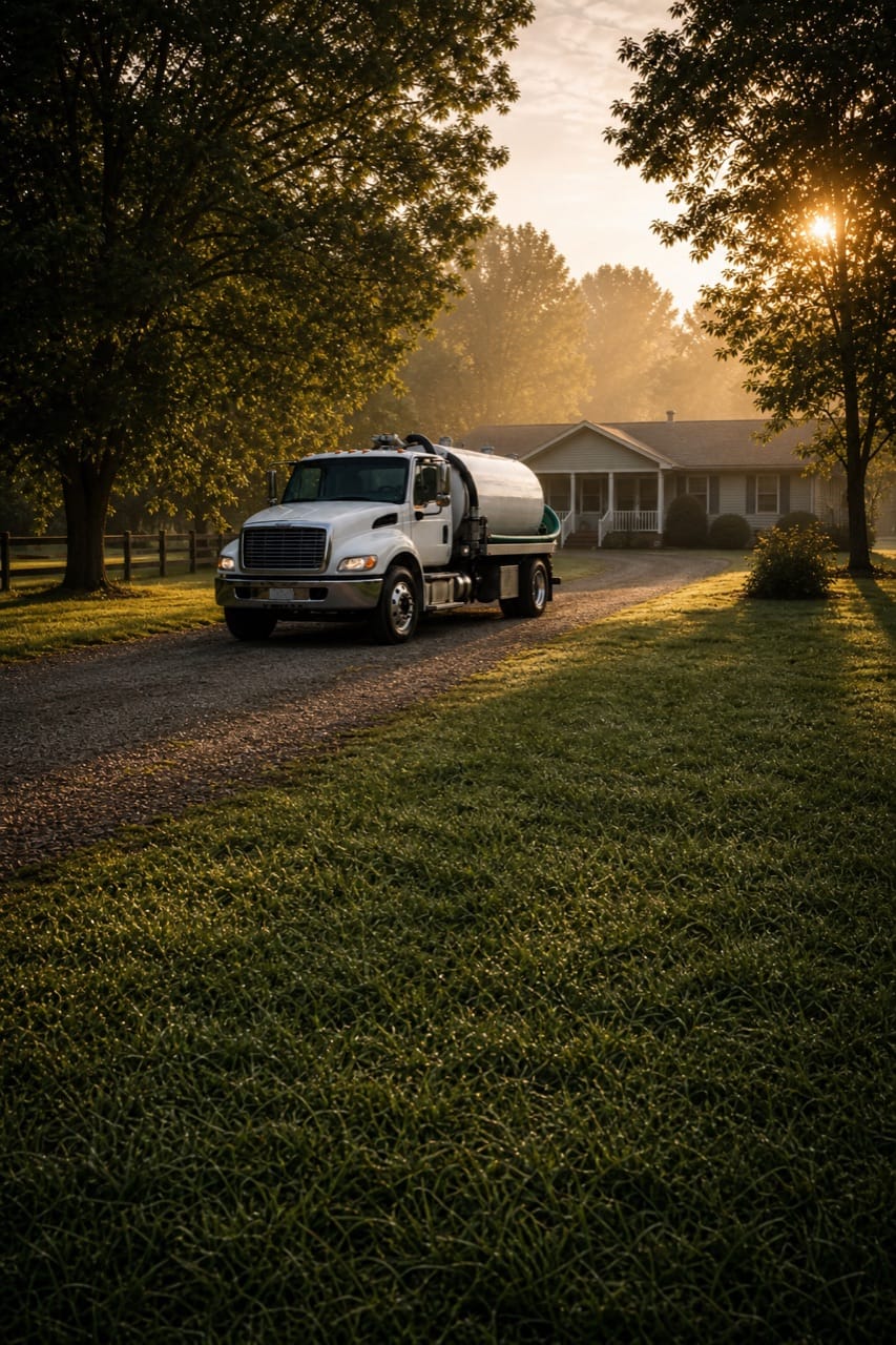 Septic service truck parked at a rural residential property at sunrise